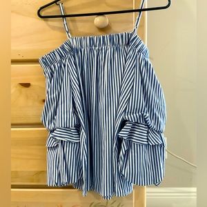 BCX/Macy’s Women’s Large White and Blue Striped Top. Open shoulders & strapped.